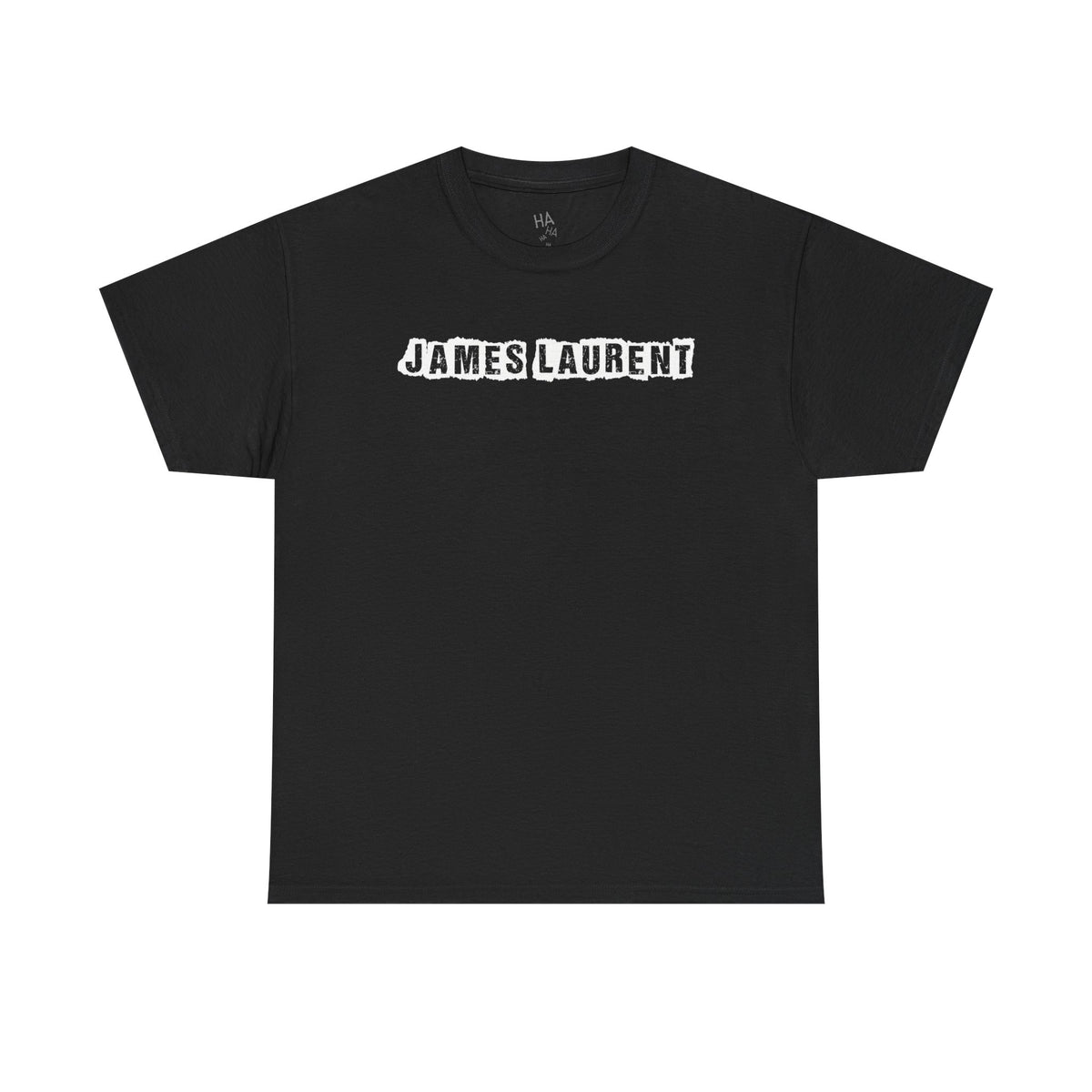 
Front of black tee with outlined white James Laurent band logo
