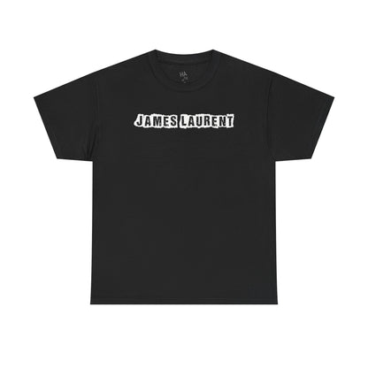 Front of black tee with outlined white James Laurent band logo