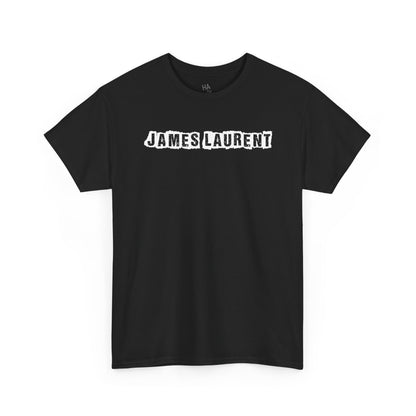 Angled front view of black tee with white James Laurent band logo