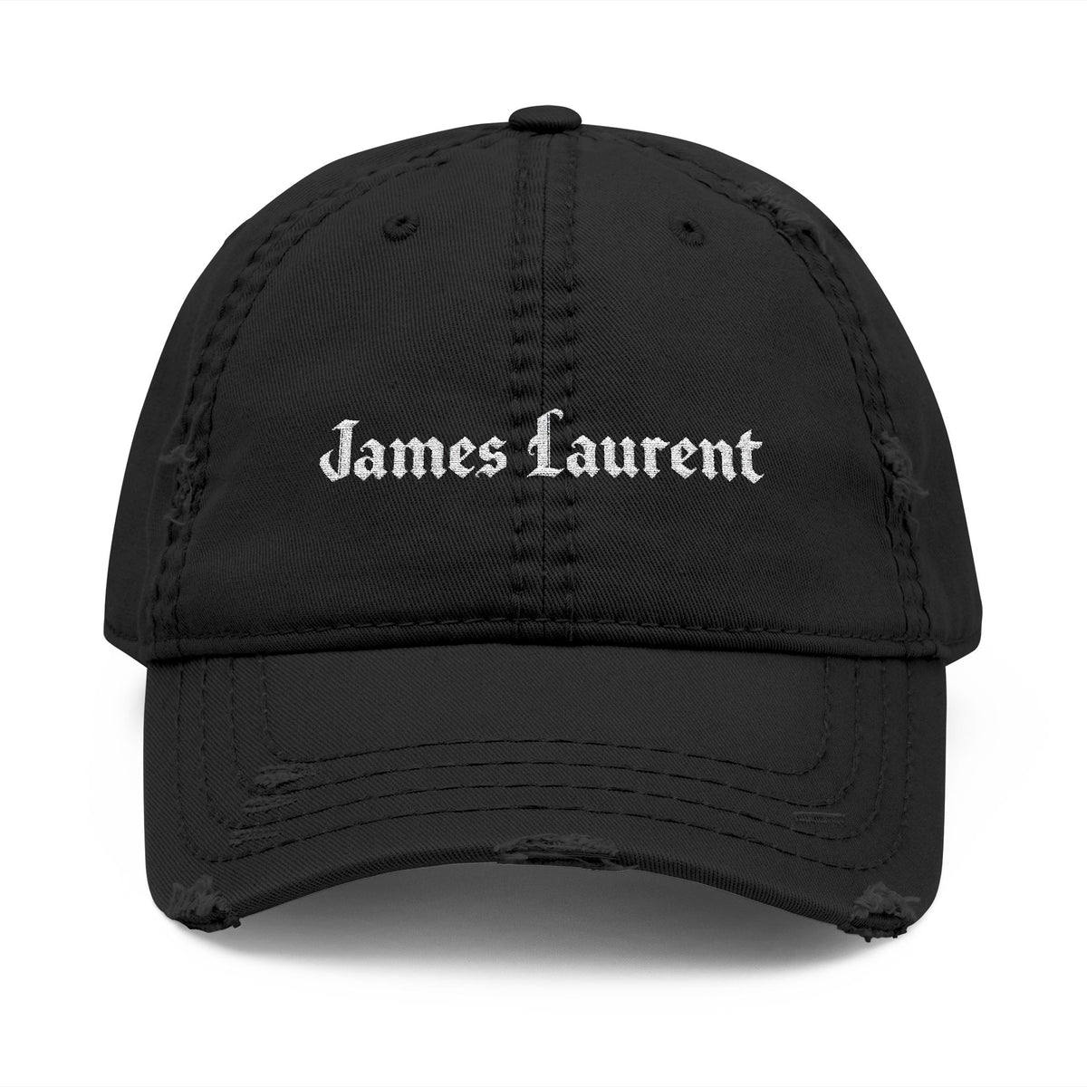 
Front view of black distressed cap with white James Laurent embroidery