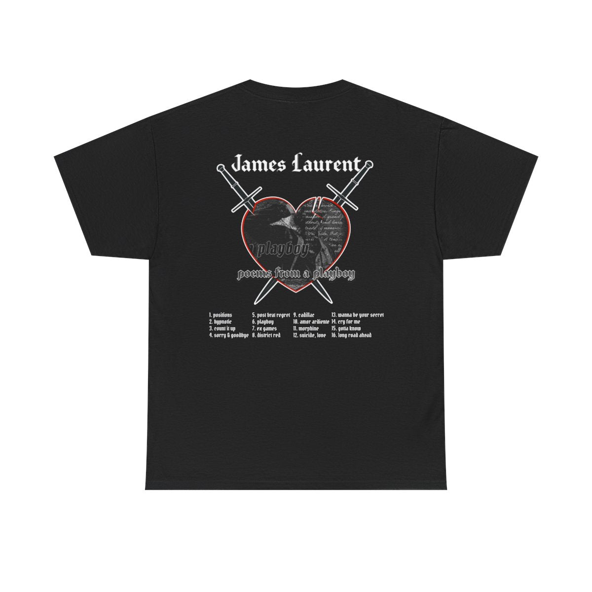 
Back of black Poems from a Playboy tee with James Laurent heart and sword artwork