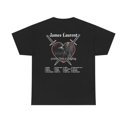 Back of black Poems from a Playboy tee with James Laurent heart and sword artwork