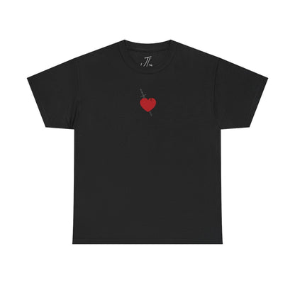Front of black Poems from a Playboy tee with small red heart mark